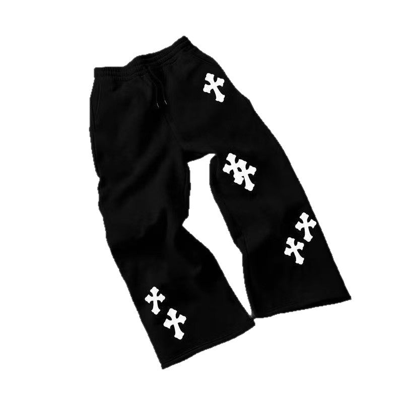 Herren Weite Sweatpants mit Gothic-Kreuz-Print, Tunnelzug & Tiefer Schritt Drune