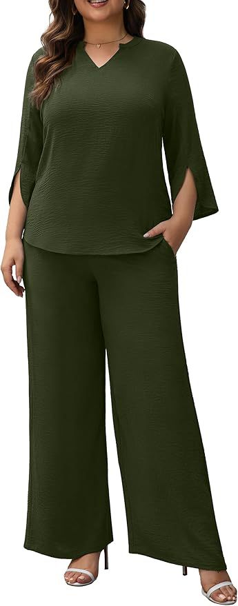 Damen Elegantes Zweiteiliges Palazzo-Set mit V‑Ausschnitt und geschlitzten 3/4‑Ärmeln Drune
