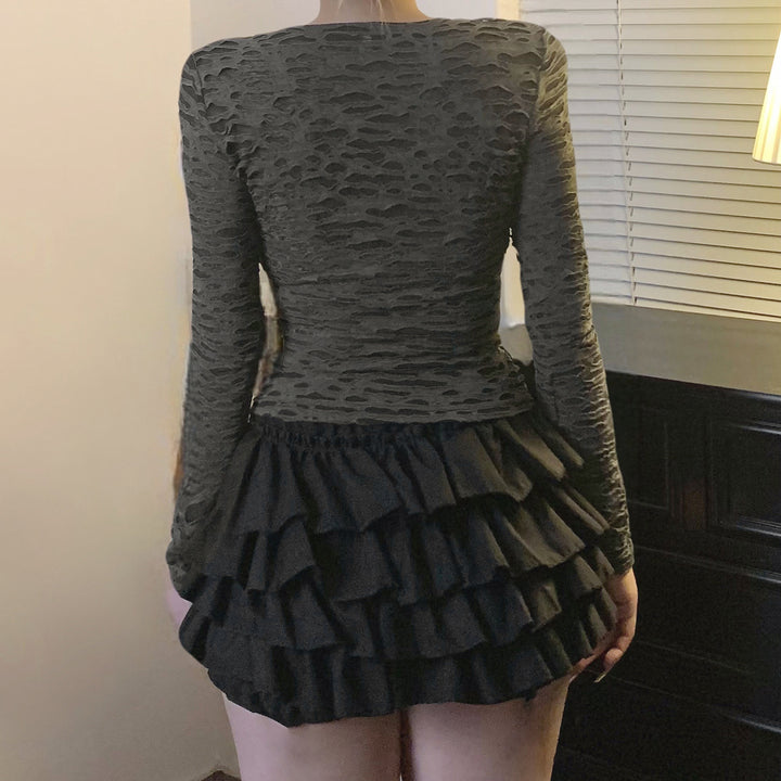 Damen Figurbetontes strukturiertes Langarmshirt mit metallischem Skelettprint Drune