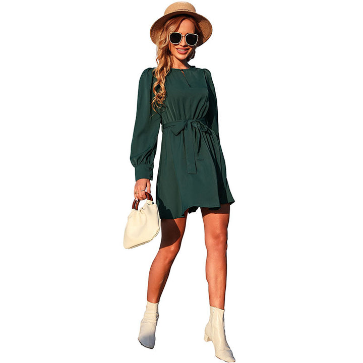 Damen Elegantes Kurzarm Kleid mit Gürtel Drune