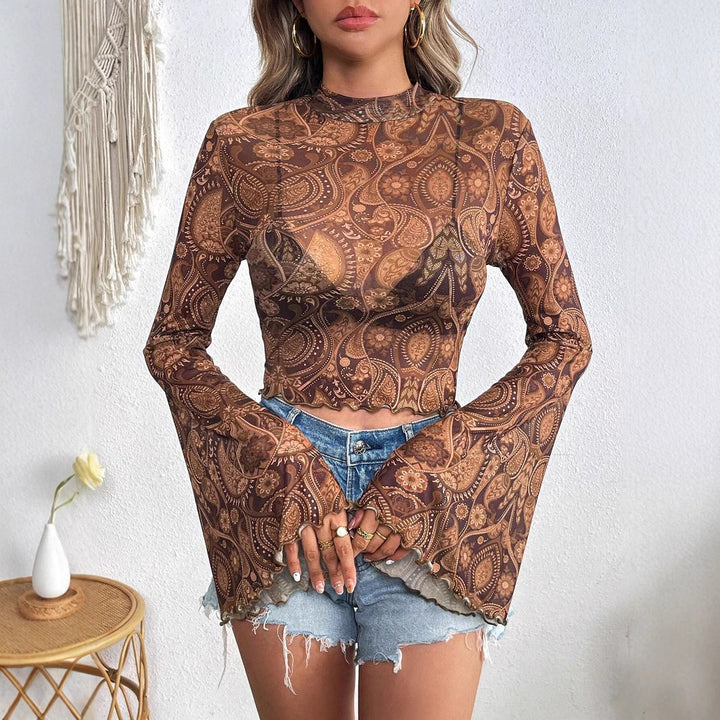 Damen nan transparentes Paisley-Netz-Kurzoberteil mit Stehkragen, Trompetenärmeln und gewelltem Saum Drune