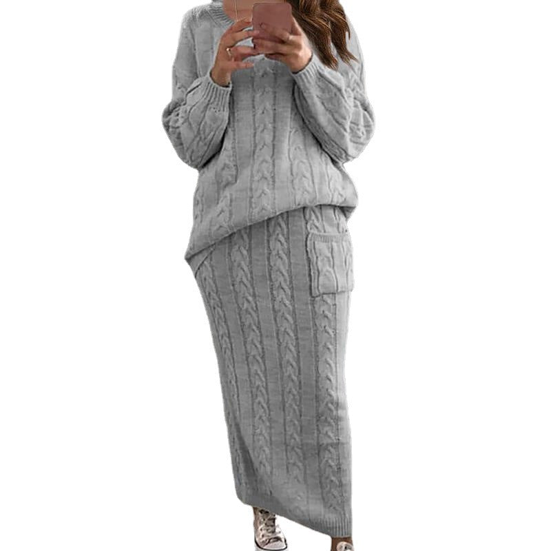 Damen nan Strickset Oversized Zopfmuster-Pullover und Maxi-Bleistiftrock mit aufgesetzter Tasche Drune