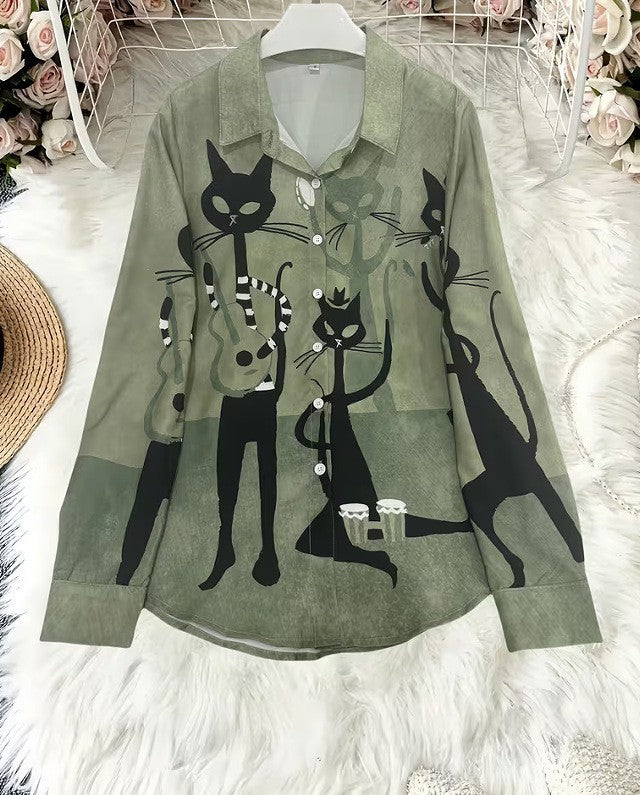 Damen Modische Hemdbluse mit einzigartigem Katzenmotiv Drune