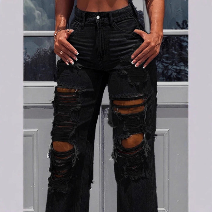 Damen hochtaillierte Destroyed-Jeans mit weitem Bein und großen Knie-Rissen Drune