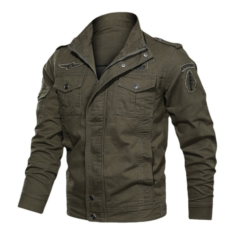 Herren Military-Canvas Fieldjacke mit Stehkragen Schulterklappen und Multifunktions-Taschen Drune