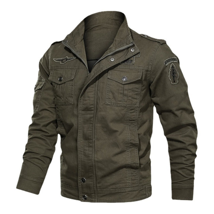Herren Military-Canvas Fieldjacke mit Stehkragen Schulterklappen und Multifunktions-Taschen Drune