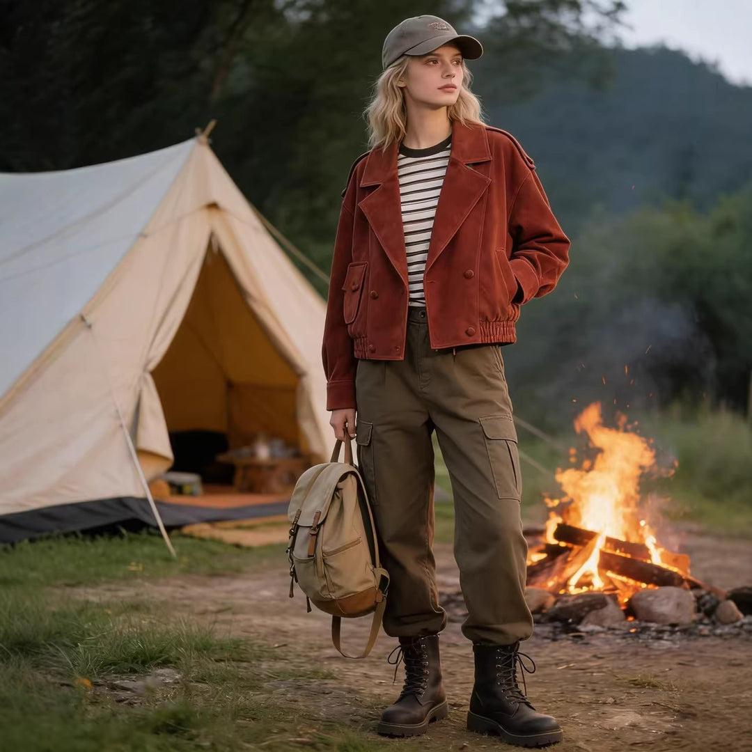 Damen Kurzblouson aus Veloursleder mit oversized Silhouette und doppelreihigem Revers Drune