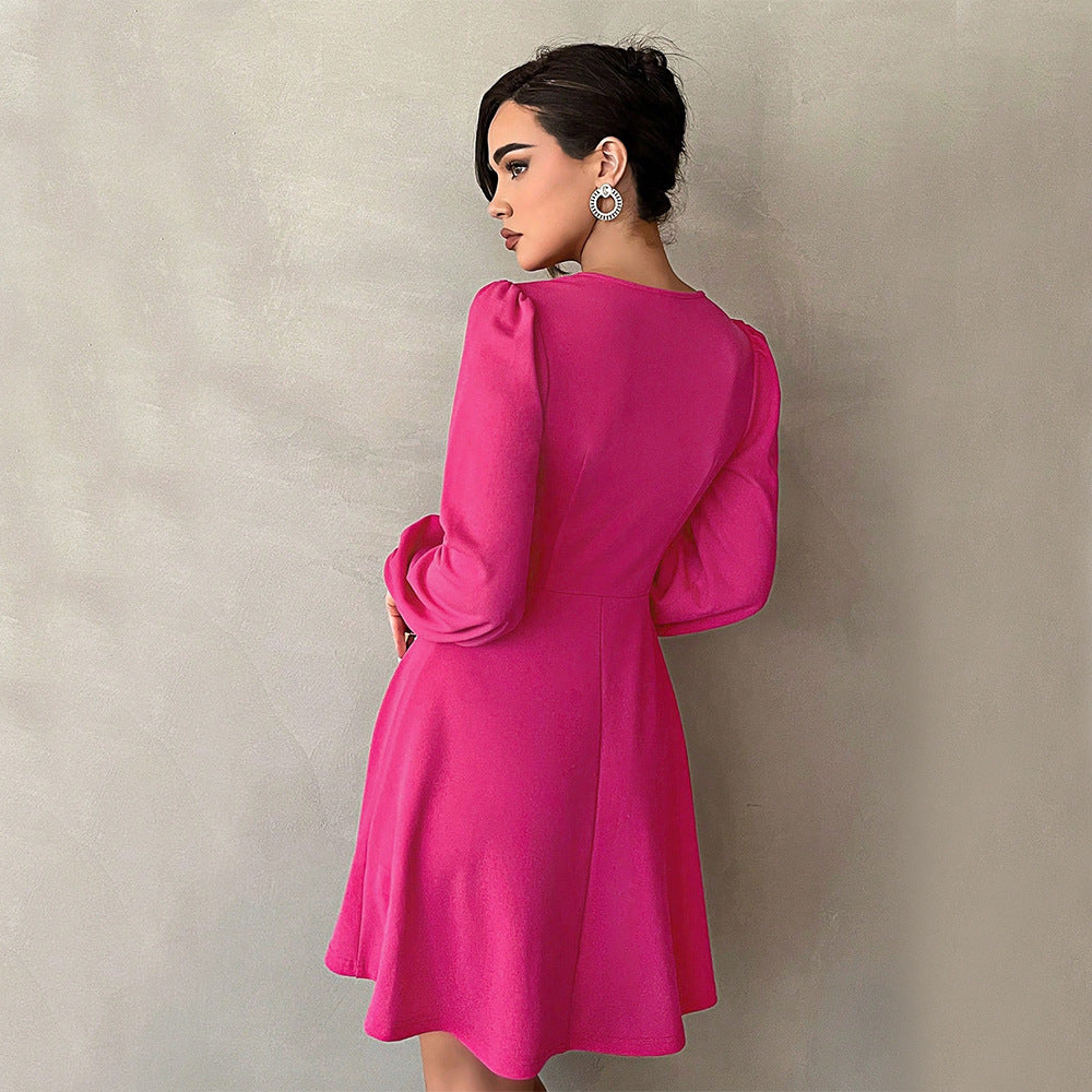 Damen kurzes A-Linien-Minikleid mit V-Ausschnitt und kleinem Ausschnittdetail, Empire-Taille und Ballonärmeln Drune