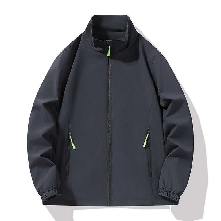 Herren Minimalistische Softshell-Outdoorjacke mit Stehkragen, wind- und wasserabweisender Membran und fluoreszierenden Zipper-Pulls Drune