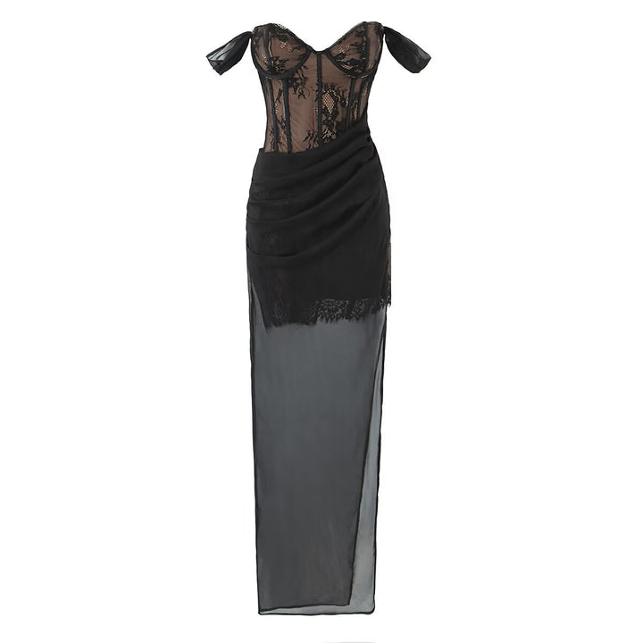 Damen aufwendiges Spitzenkleid mit eleganten Rüschendetails Drune