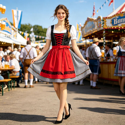 Damen nan kurztailliertes Dirndlkleid mit Schnürmieder und Schürze Drune