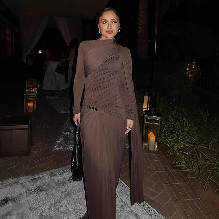Damen Figurbetontes Abendkleid mit asymmetrischer Drapierung, gerafftem Oberteil und langer Drapé‑Schleife Drune