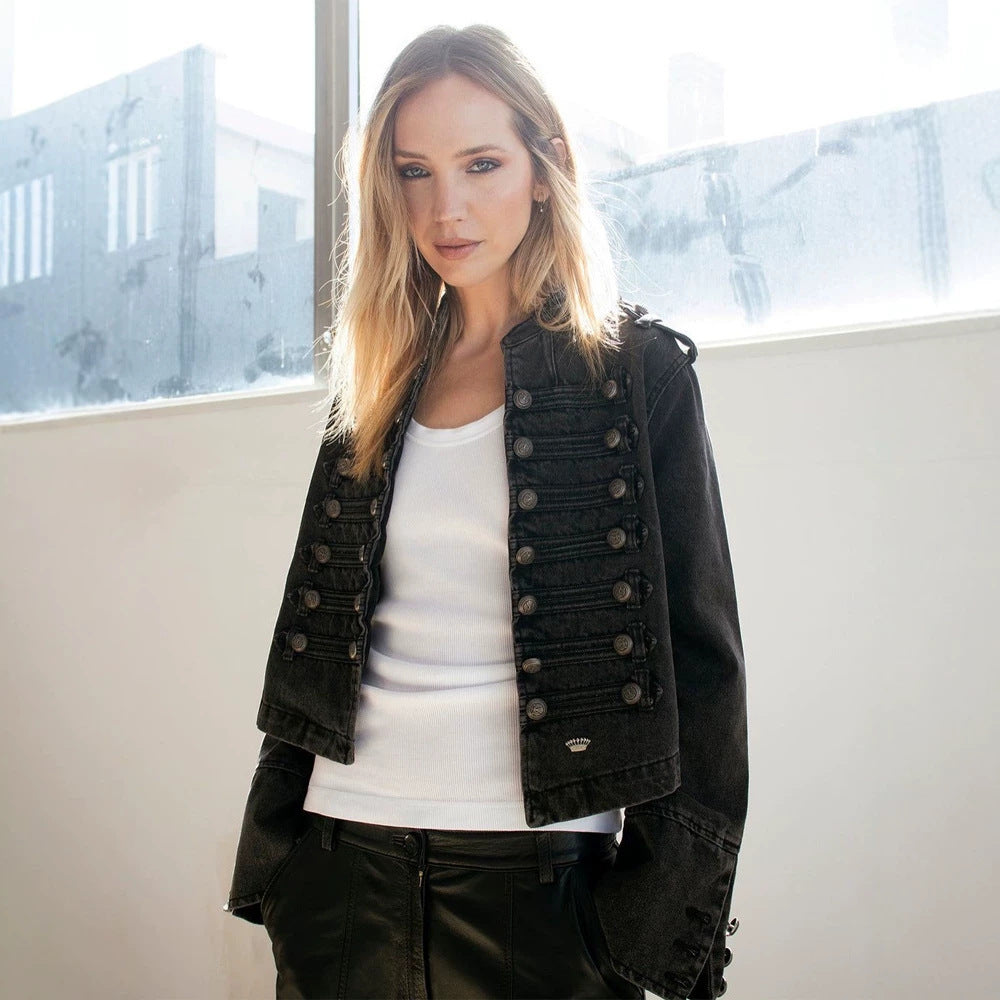 Damen Kurz-Jeansjacke mit Paradeborte und Zierknopfleiste Drune