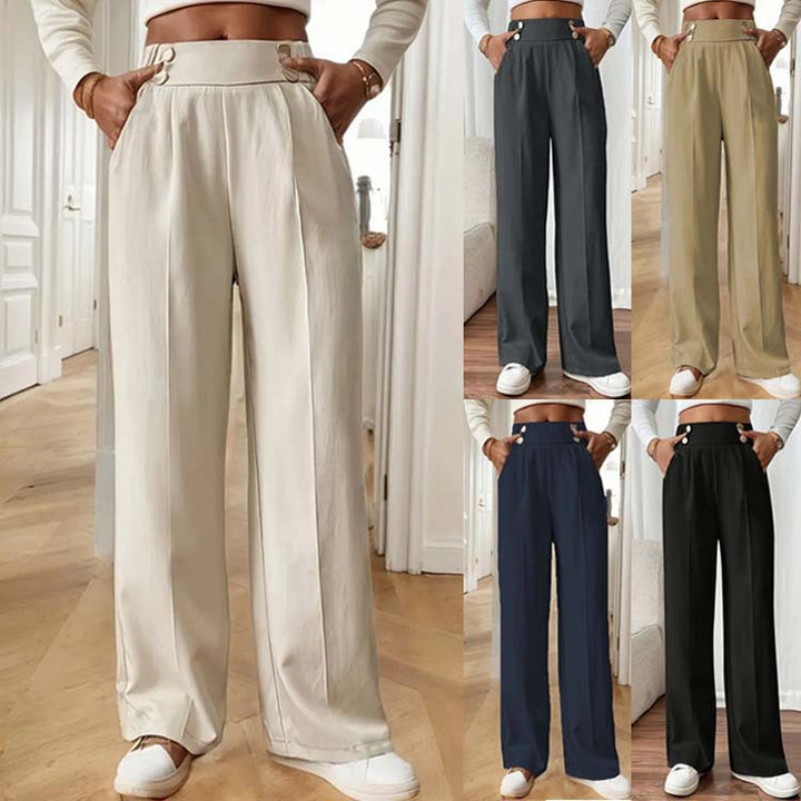 Damen Hochtaillierte Weite Palazzo‑Hose mit Bundknöpfen, Bügelfalte und Eingrifftaschen Drune
