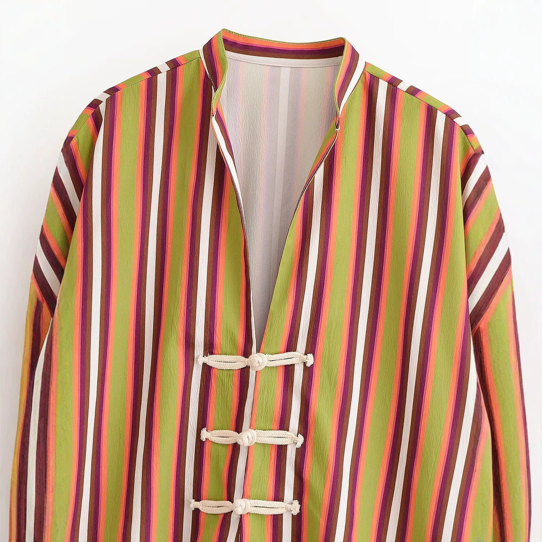 Damen Gestreifte Kimono‑Jacke mit kurzen Trompetenärmeln und dekorativen Knotenverschlüssen Drune