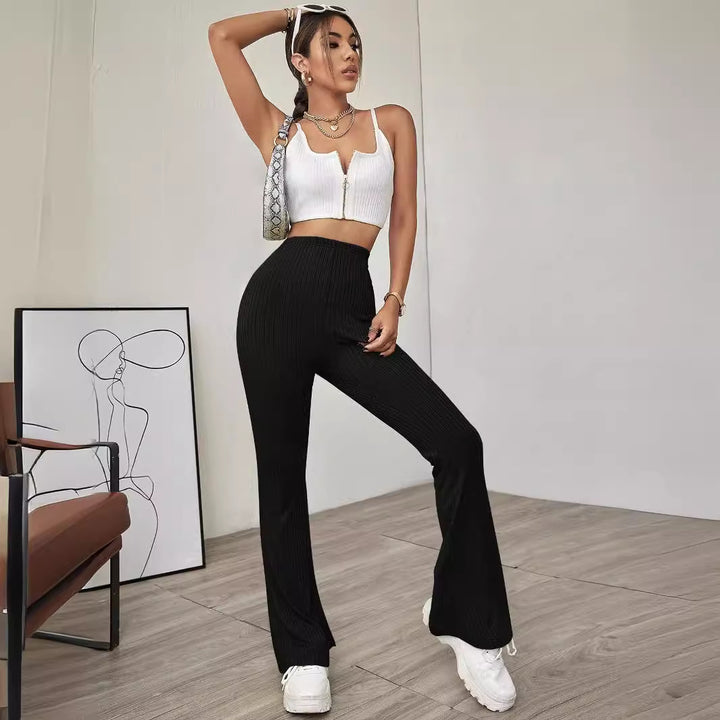 Damen gerippte hochgeschnittene Bootcut-Hose aus Stretch-Jersey mit ausgestelltem Bein Drune