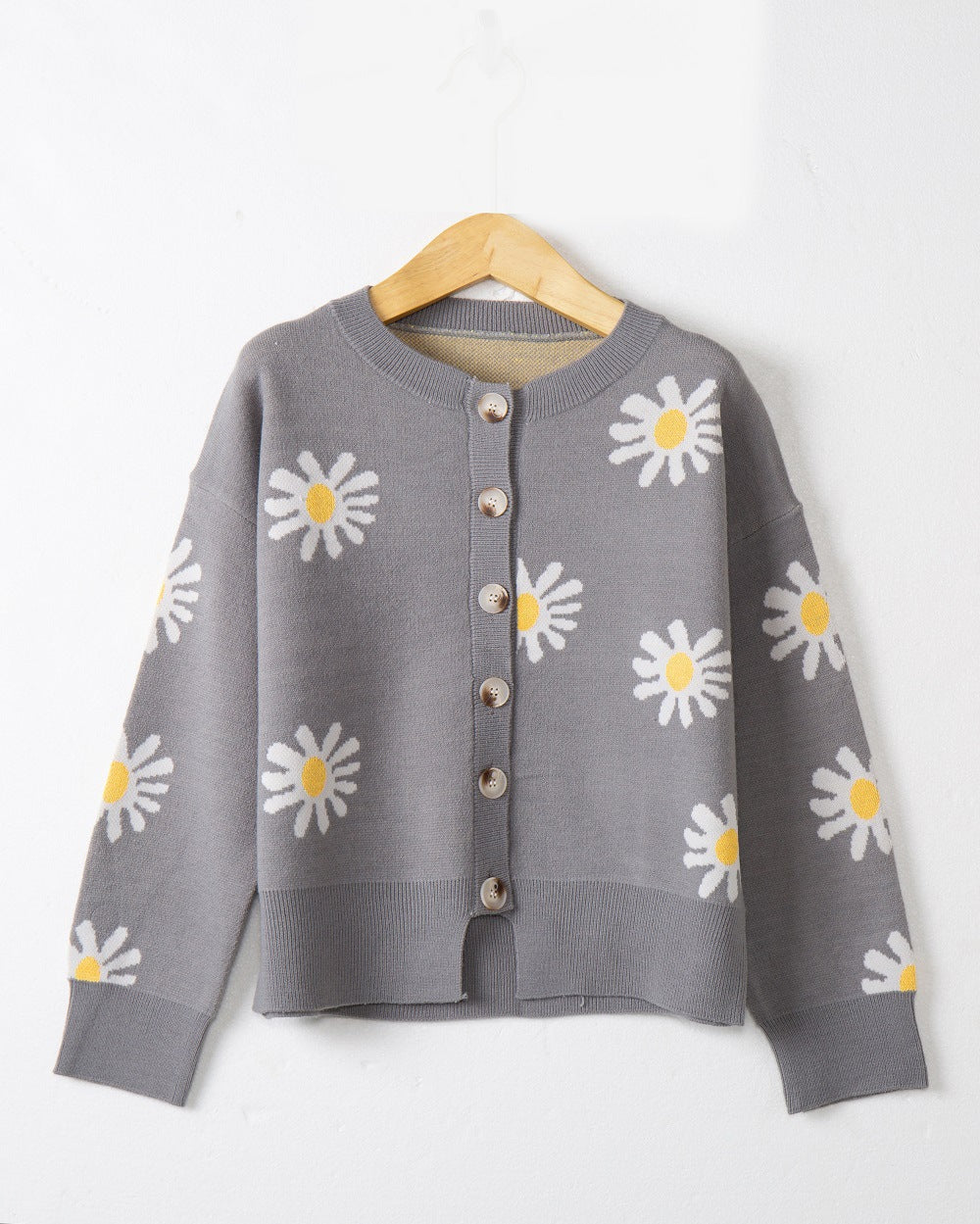 Damen modische Strickjacke mit floralem Muster und kurzen Ärmeln Drune