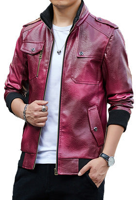 Herren Kunstleder-Flightjacke mit Brust- und Reißverschlusstaschen, Stehkragen und Rippbündchen Drune