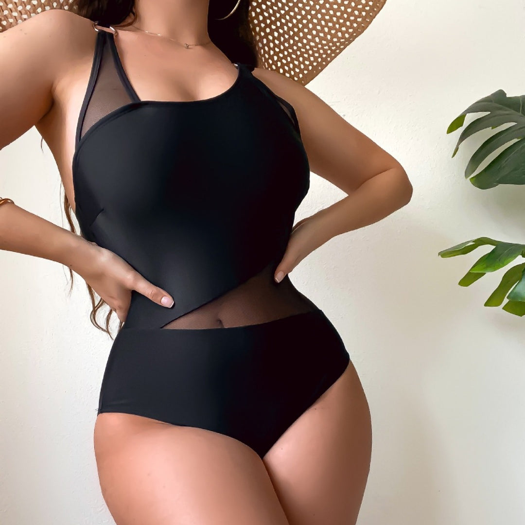 Damen Einteiliger Badeanzug mit transparenten Einsätzen und asymmetrischem Design Drune