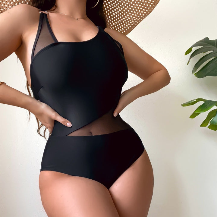Damen Einteiliger Badeanzug mit transparenten Einsätzen und asymmetrischem Design Drune