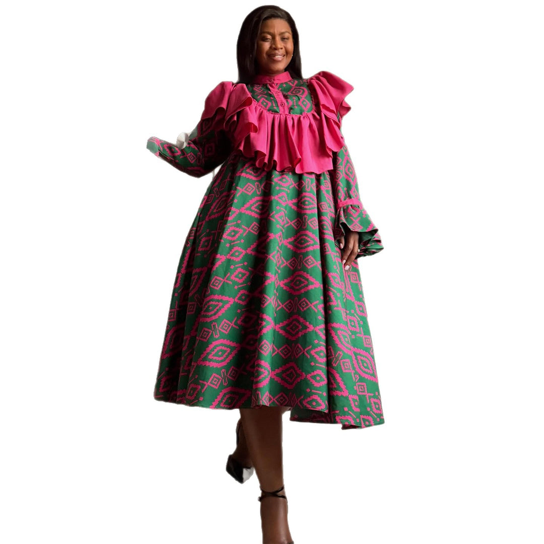 Damen Maxikleid mit ausgefallenem Rüschendesign und geometrischem Muster Drune