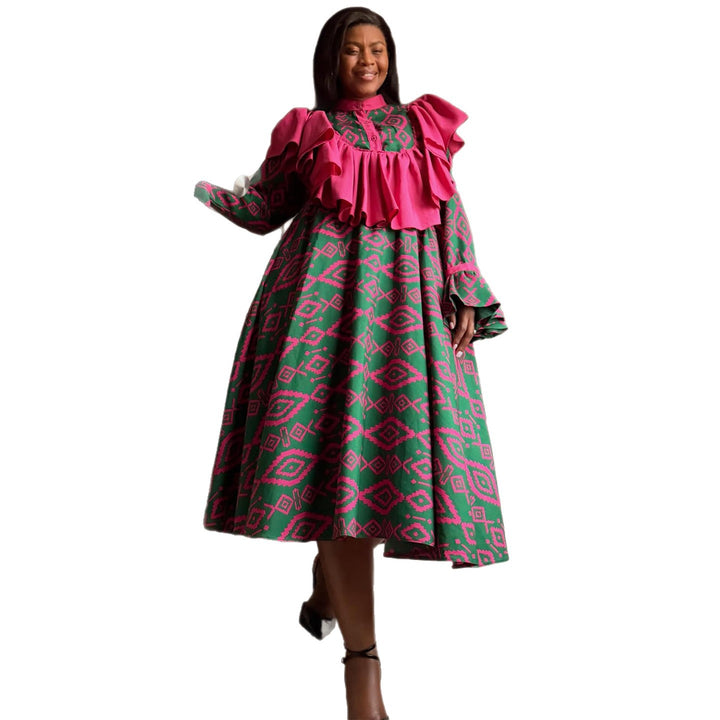 Damen Maxikleid mit ausgefallenem Rüschendesign und geometrischem Muster Drune