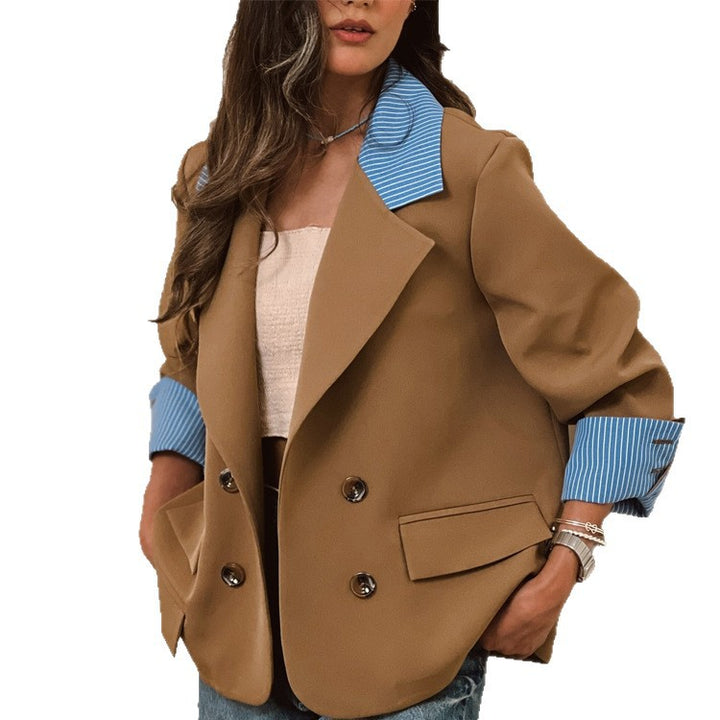 Damen Oversize-doppelreihiger Blazer mit kontrastkragen & aufschlagärmeln Drune