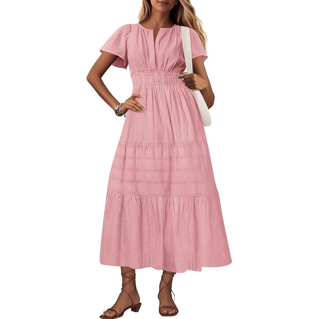Damen langes Sommerkleid mit elastischem Taillenbund und raffiniertem Faltenwurf Drune