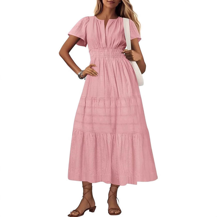 Damen langes Sommerkleid mit elastischem Taillenbund und raffiniertem Faltenwurf Drune
