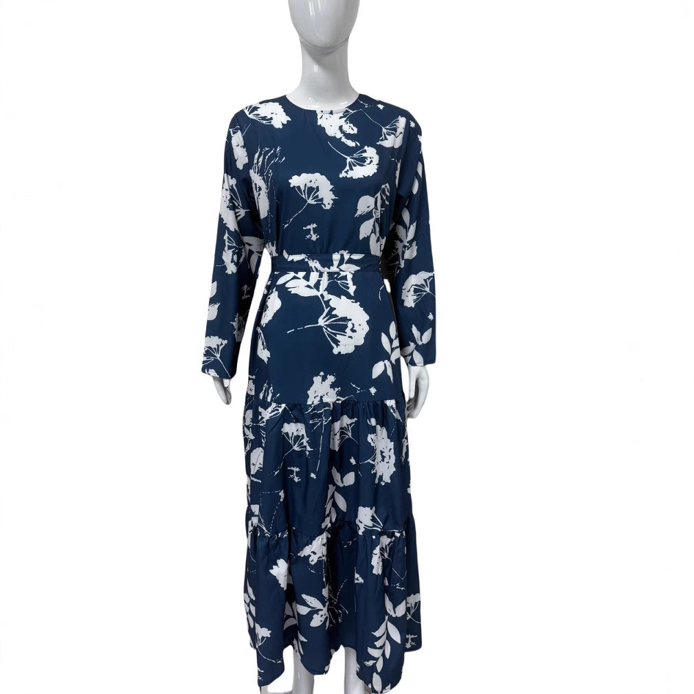 Damen Langes Blumen-Tiered-Maxikleid mit Taillengürtel & Rundhalsausschnitt Drune