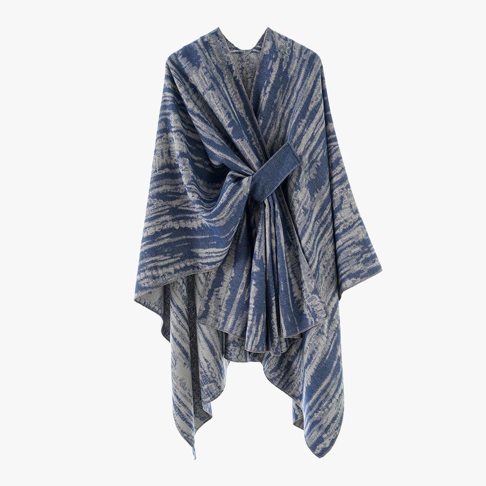 Damen Jacquard-Cape-Überwurf mit strukturierter Wellenoptik, Bindegürtel und asymmetrischem Zipfelsaum Drune
