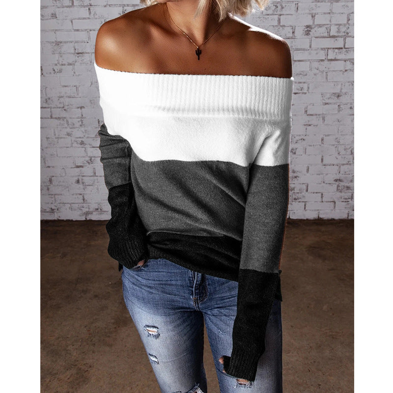 Damen Schulterfreier Colorblock-Strickpullover mit Umschlagkragen Drune