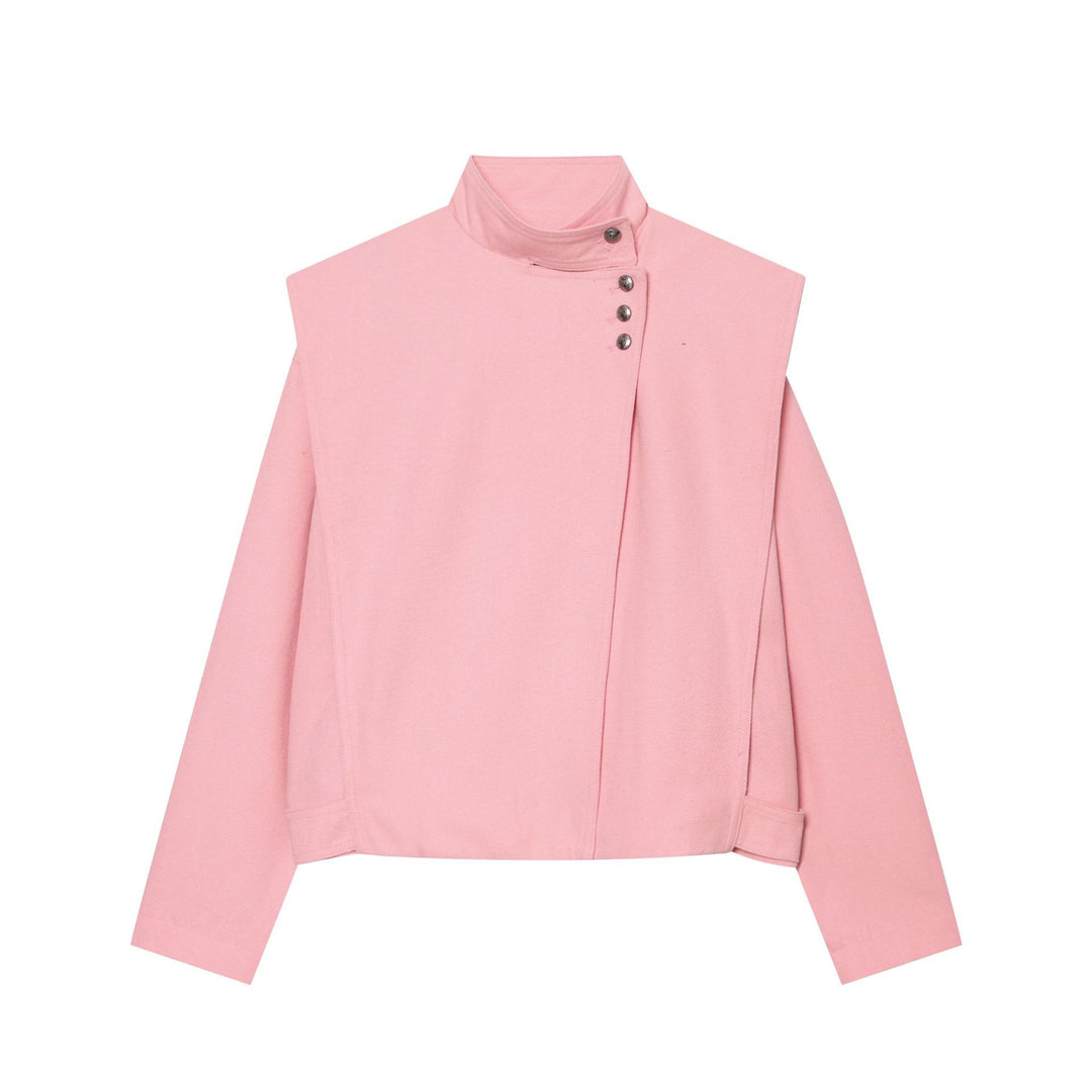 Damen nan kurz geschnittene Stehkragen‑Jacke mit asymmetrischer Druckknopfblende und Cape‑Schulter Drune