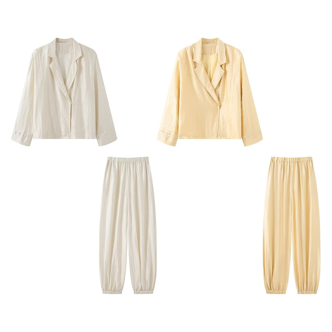 Damen Leichter Pyjama-Zweiteiler mit Schalkragenjacke und elastischer Bundhose Drune