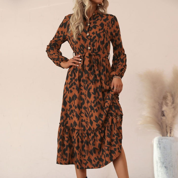 Damen Midikleid mit Animal-Print, Knopfleiste, Taillengürtel und Stufenrock Drune