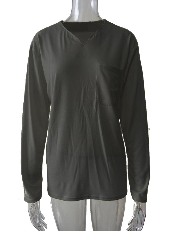 Damen nan legeres Langarmshirt mit V-Notch-Ausschnitt, Brusttasche und lockerer Oversize-Passform Drune