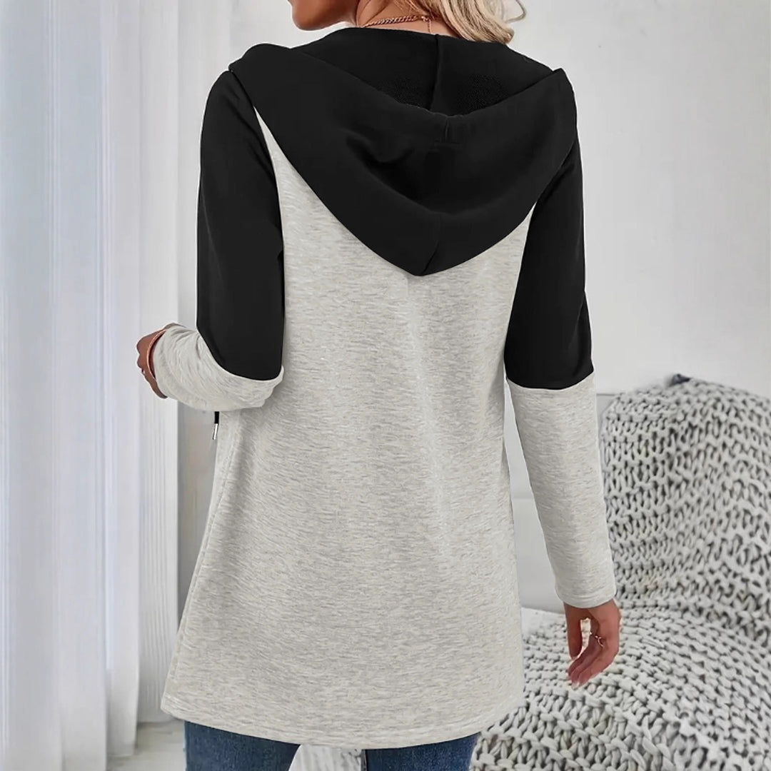 Damen Longline Kapuzen‑Sweatjacke mit Farbblock, Reißverschluss und Eingrifftaschen Drune