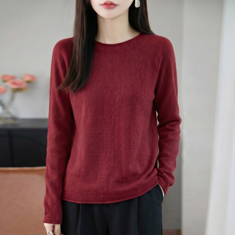 Damen Leichter Feinstrick-Rundhalspullover mit Ajourspitzen‑Detail und legerer Silhouette Drune