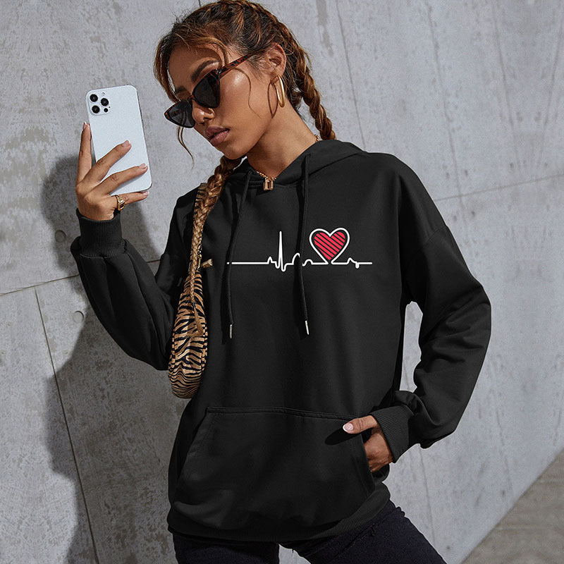 Damen Oversize-Kapuzenpullover mit Herz-EKG‑Print und Kängurutasche Drune
