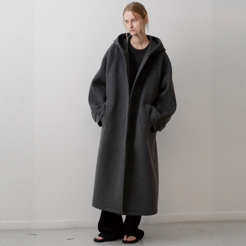 Damen Eleganter Oversize-Mantel mit Kapuze und praktischen Taschen Drune