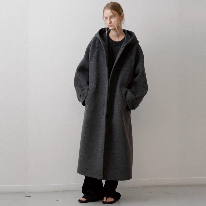 Damen Eleganter Oversize-Mantel mit Kapuze und praktischen Taschen Drune