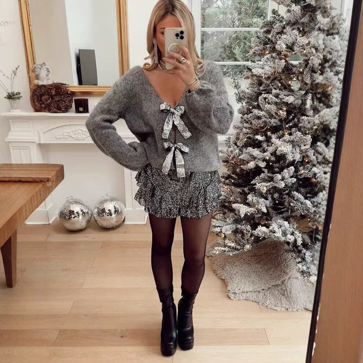 Damen Oversize-Strickcardigan mit V‑Ausschnitt und Pailletten‑Schleifen Drune