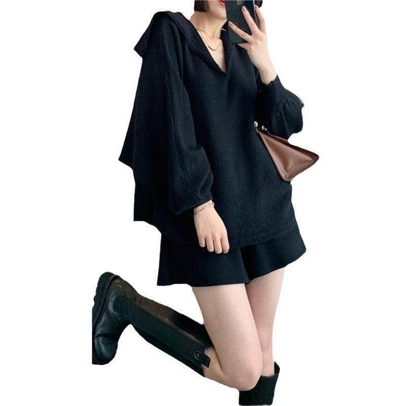 Damen Oversized Strickpullover mit lässigem V-Ausschnitt und Kapuze Drune