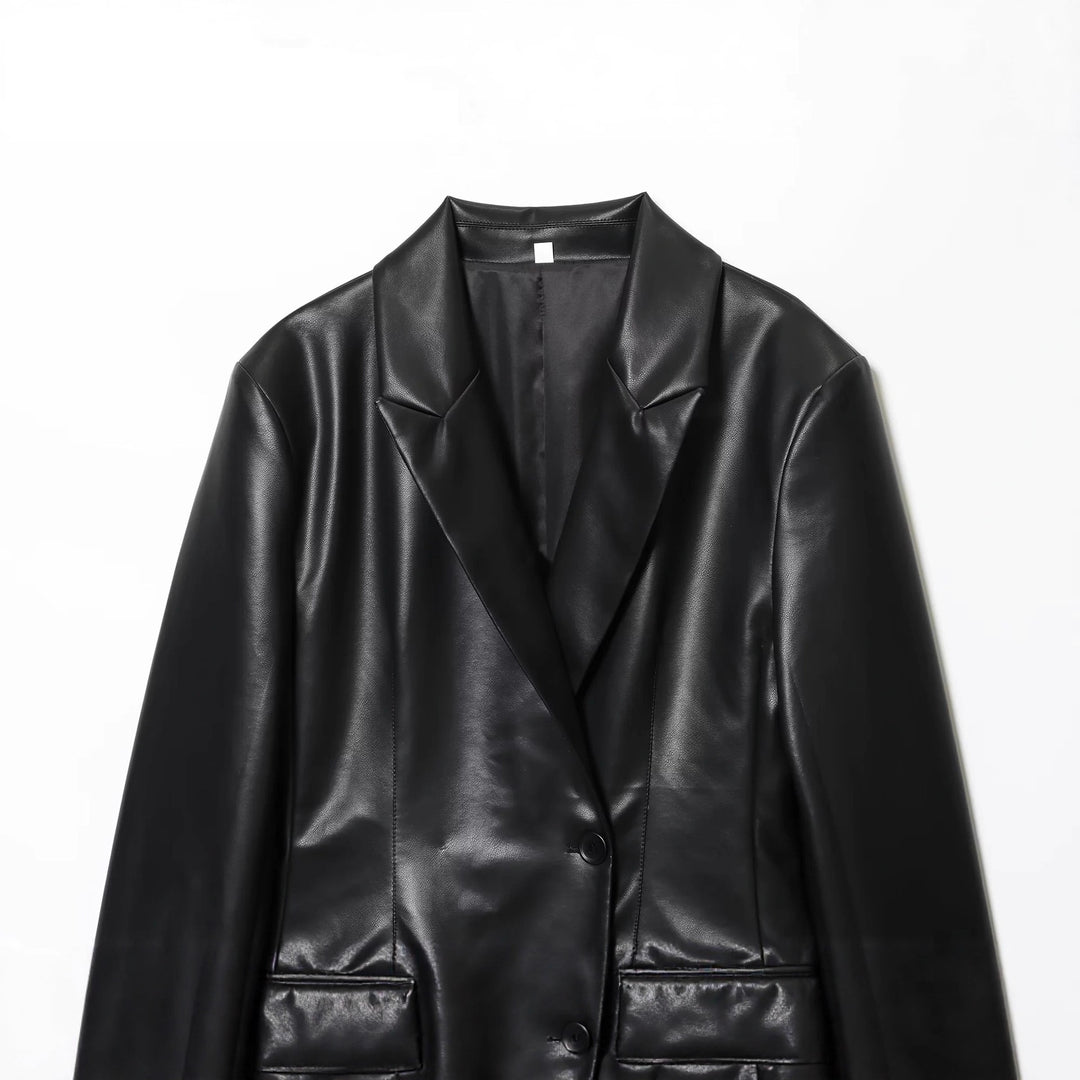 Damen nan luxuriöser veganer Blazer im Lederlook mit schmaler Silhouette, Schalkragen und Pattentaschen Drune