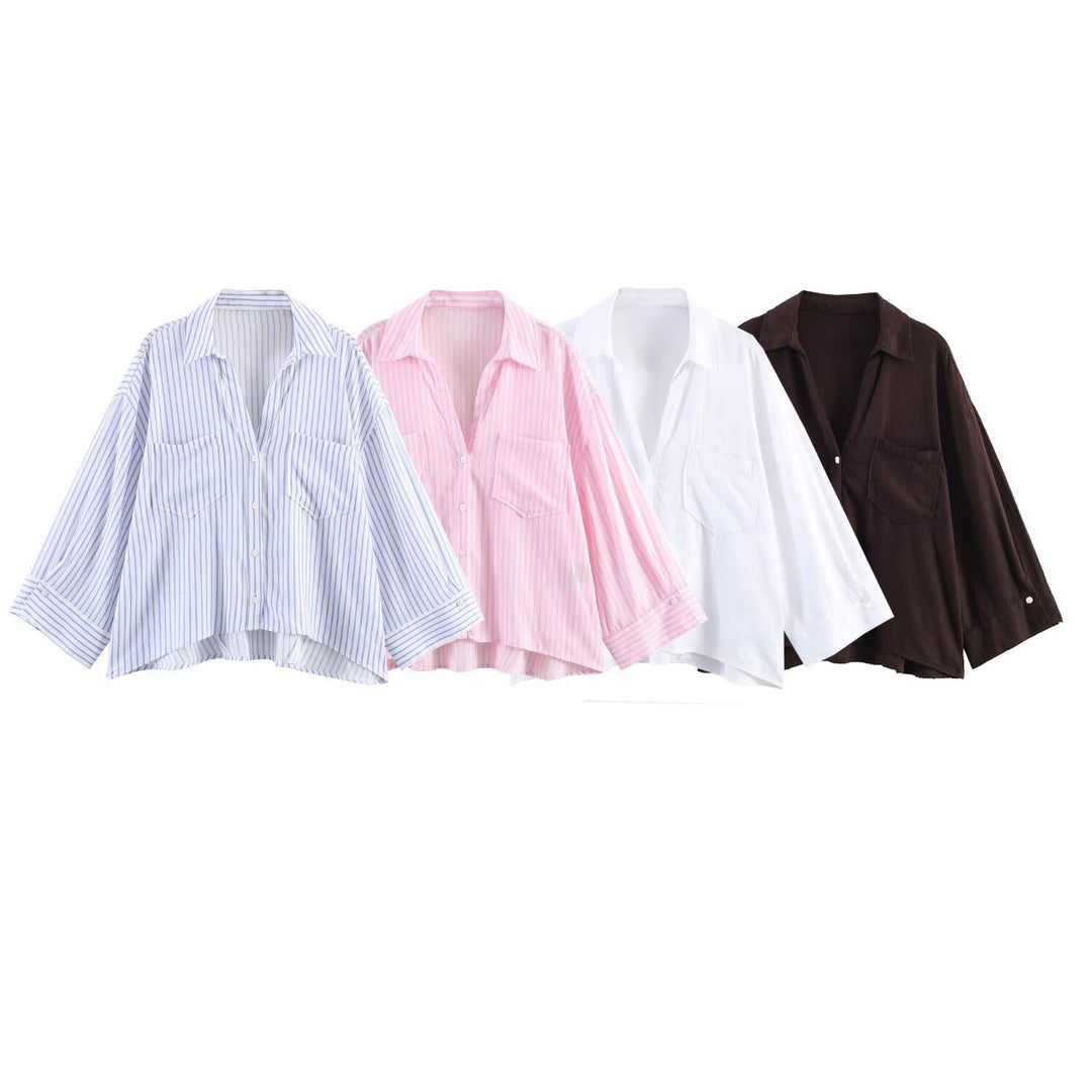Damen Oversize-Hemdbluse mit großen Brusttaschen, überschnittener Schulter und High‑Low‑Saum Drune