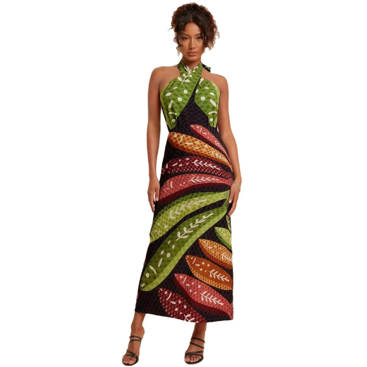 Damen Halterneck Maxikleid mit buntem Blattdesign und schwingendem Schnitt Drune