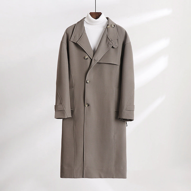 Herren Langgeschnittener Minimalistischer Trenchcoat mit Schalkragen und verstellbaren Ärmelriemen Drune