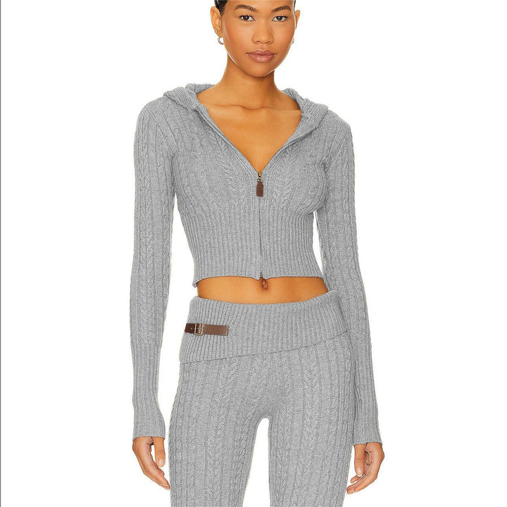Damen Cropped Strickjacke mit Kapuze und hohem Kragen Drune