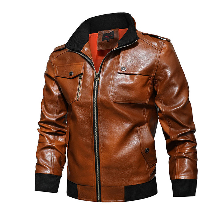 Herren Pilotenblouson aus Kunstleder mit Stehkragen und Utility‑Taschen Drune