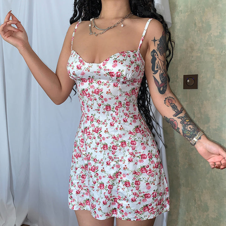 Damen Minikleid mit zartem Blumenmuster und verstellbaren Spaghettiträgern Drune